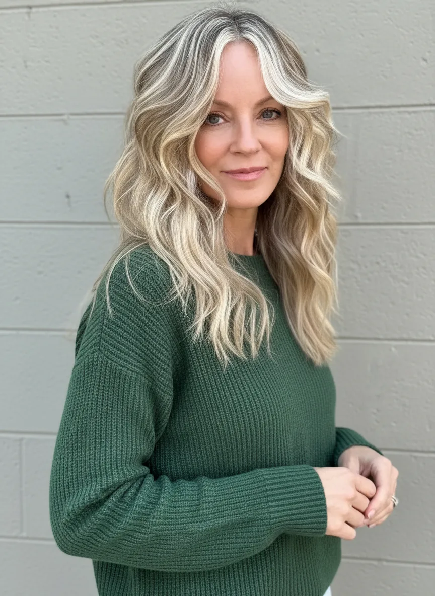Long Platinum Blonde Balayage with Wavy Layers